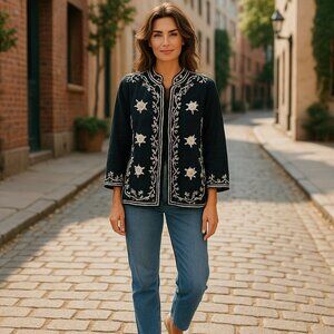 D Palms Womens Size 10 Blue White Flower Embroidered Button Front Top Shirt